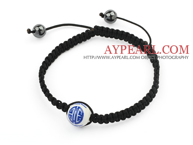 Simple Design Round Blue and White Porcelain and Hematite Beads Adjustable Drawstring Bracelet