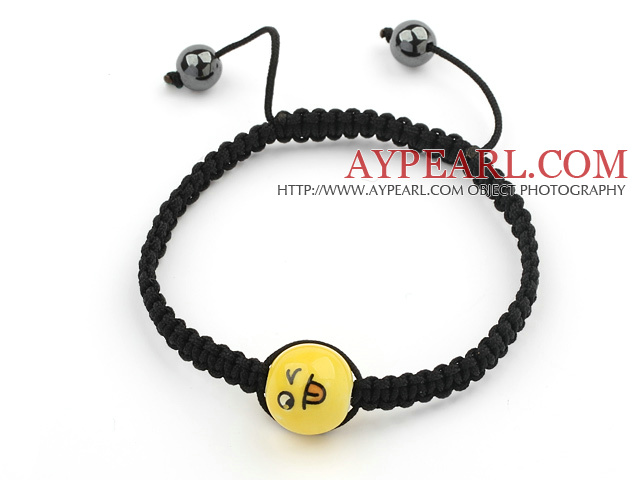Simple Design Smiling Porcelain Beads and Hematite Beads Adjustable Drawstring Bracelet