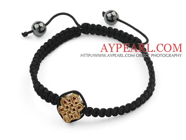 Simple Design Alloy Chinese Knot and Hematite Beads Adjustable Drawstring Bracelet
