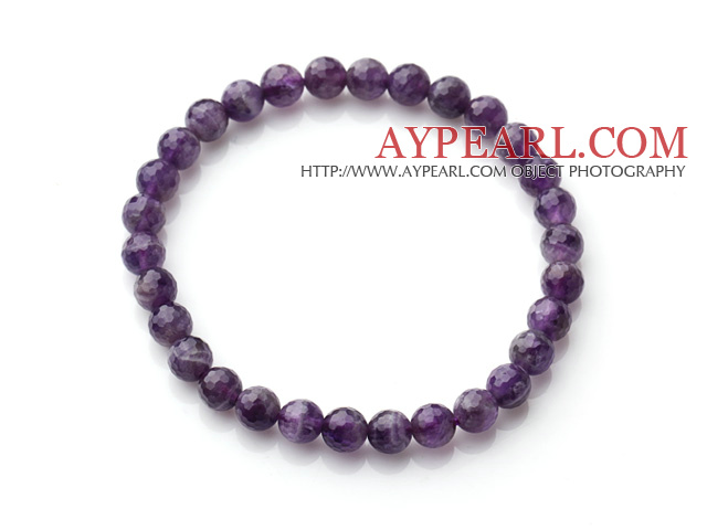 Chic Simple Design Single Strand 6mm Round Natural Faceted Amethyst Beads Elastic Bracelet