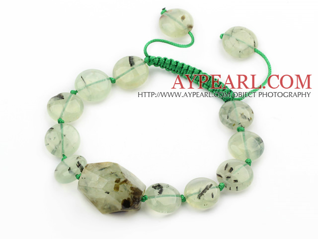 Série verte Rond Plat Prehnite nouées Bracelet avec cordon de serrage réglable