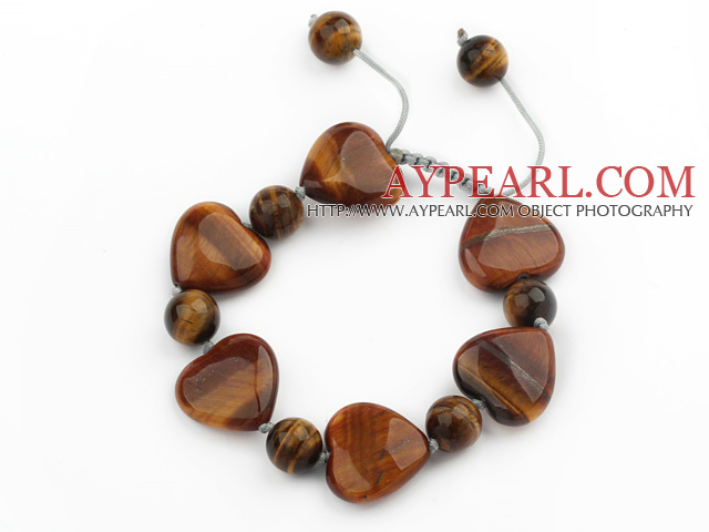 Brown Series Heart and Round Shape Tiger Eye Knotted Adjustable Drawstring Bracelet