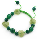 Green Series Heart Shape Olive Jade and Round Green Agate Knotted Adjustable Drawstring Bracelet
