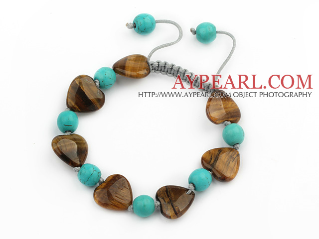 Assortert hjerte form Tiger Eye and Round Turquoise Knyttet justerbar snor armbånd