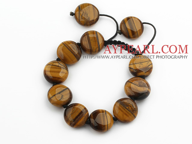 Brown Series 17mm Flat Round Tiger Eye Knotted Adjustable Drawstring Bracelet