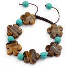 Brown Series Flower Shape Tiger Eye and Round Turquoise Knotted Adjustable Drawstring Bracelet