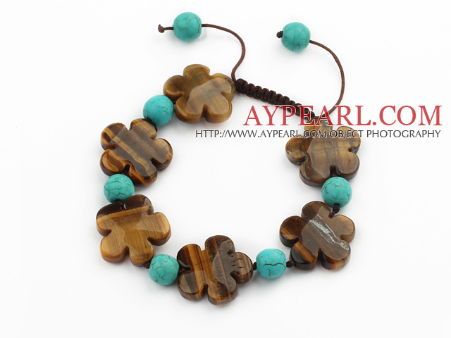 Brown Series Flower Shape Tiger Eye and Round Turquoise Knotted Adjustable Drawstring Bracelet