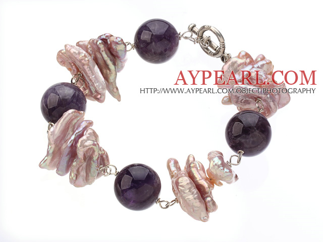 Speical Design Round Ball Shape Amethyst And Lavender Color Biwa Pearl Bracelet With Toggle Clasp