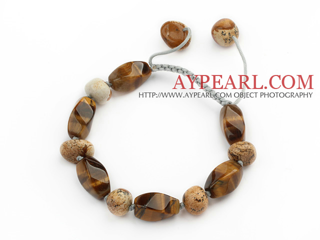 Brown Series Tiger Eye and Picture Jasper Knotted Adjustable Drawstring Bracelet