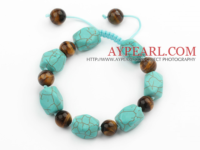 Grön Serie polygonform Turquoise och Tiger Eye Knutna justerbar dragsko Armband