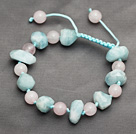 Pink and Blue Series Incidence Angle Aquamarine and Rose Quartz Knotted Adjustable Drawstring Bracelet