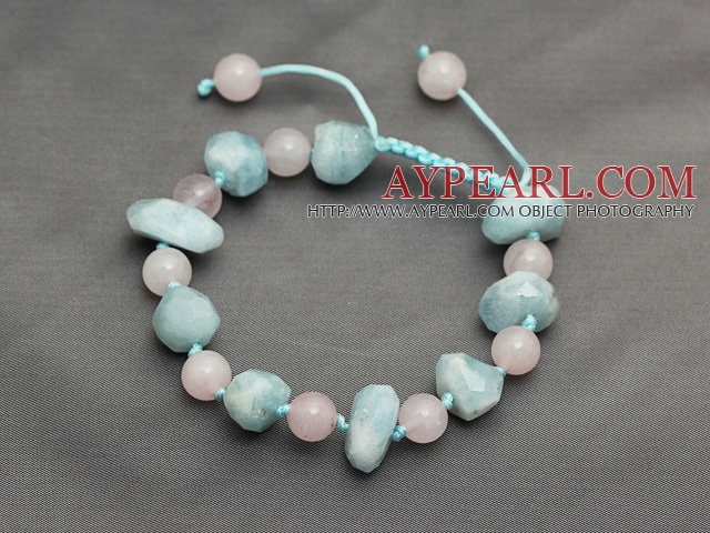 Pink and Blue Series Incidence Angle Aquamarine and Rose Quartz Knotted Adjustable Drawstring Bracelet