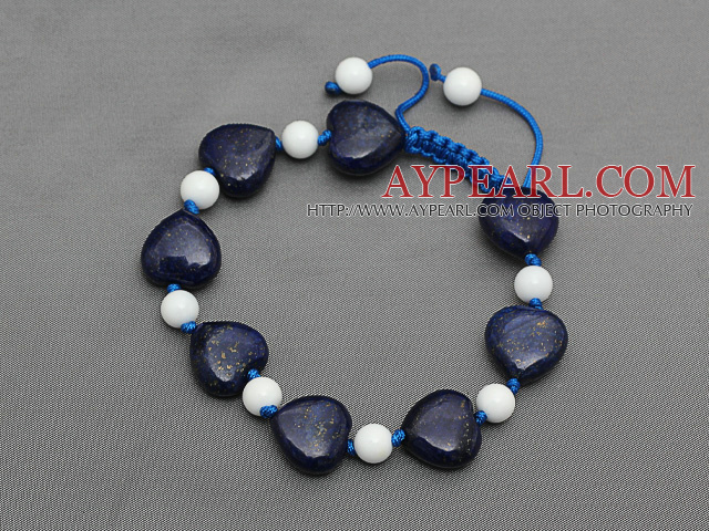 Dark Blue Series hjerte form Lapis og hvit porselen Stone Knyttet justerbar snor armbånd