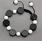 Black Series Flat Round Black Agate and White Porcelain Stone Knotted Adjustable Drawstring Bracelet