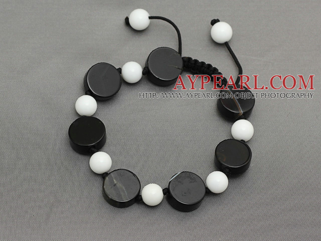 Black Series Flat Round Black Agate and White Porcelain Stone Knotted Adjustable Drawstring Bracelet