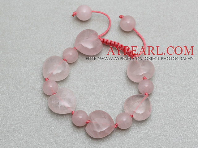 Pink Series Hjerte og rund form Rose Quartz Knyttet justerbar snor armbånd