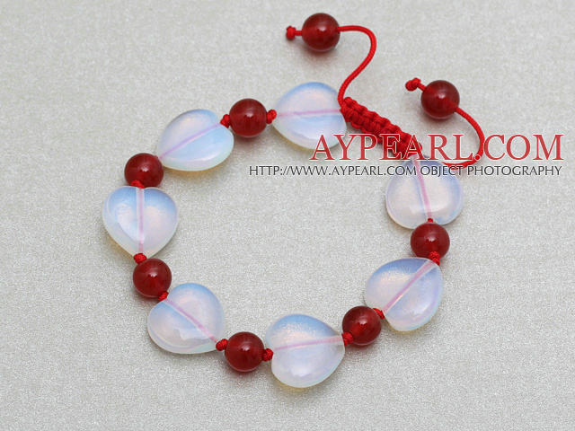 Heart Shape Opal Stone and Round Carnelian Knotted Adjustable Drawstring Bracelet