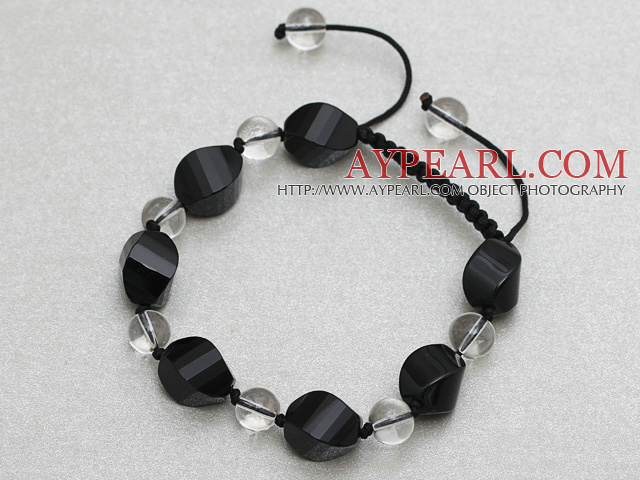 Black Series Sort Agate og Clear Crystal Knyttet justerbar snor armbånd