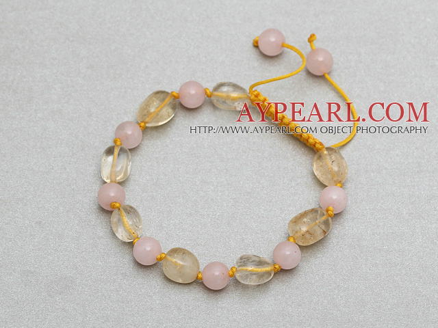 Egg Shape Citrin og Round Rose Quartz Knyttet justerbar snor armbånd