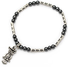 nice round tungsten steel and tibet silver tube owl charm beads bracelet