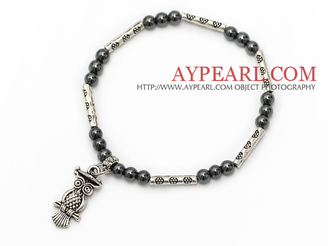 bien rond en acier tungstène et argent tibet tube de hibou charme bracelet de perles