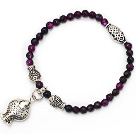 faceted round purple agate and tibet silver fish charm beaded bracelet