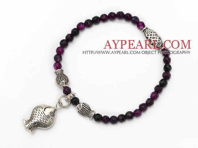 faceted round purple agate and tibet silver fish charm beaded bracelet
