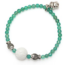 elegant round green agate white sea shell and tibet silver buddhu head fish charm beads bracelet