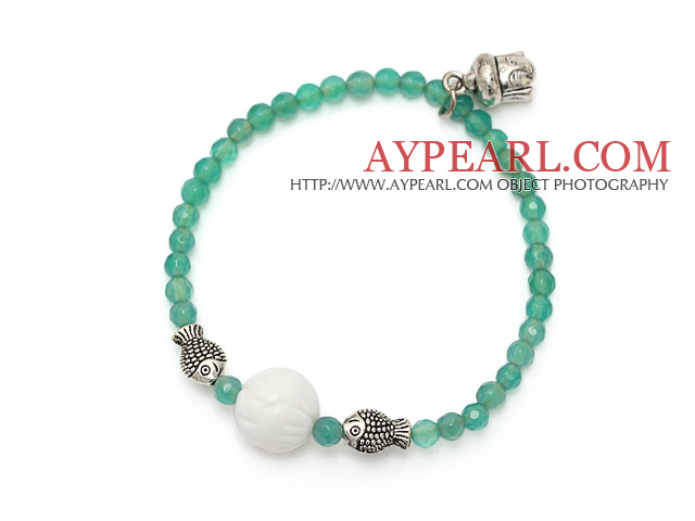 elegant round green agate white sea shell and tibet silver buddhu head fish charm beads bracelet