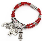 Wholesale nice natural A grade round red agate and tibet silver leaf owl heart charm layer beaded bracelet