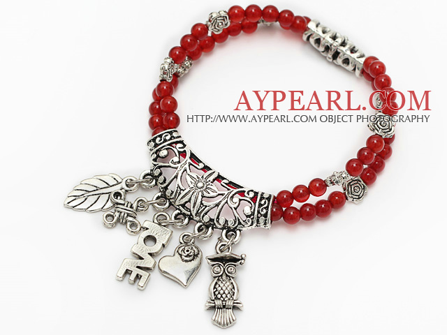 nice natural A grade round red agate and tibet silver leaf owl heart charm layer beaded bracelet