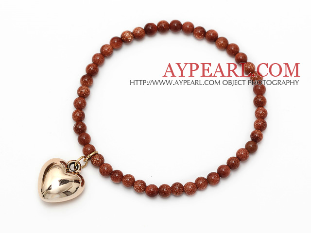 beautiful round goldstone and tibet silver peach heart charm beaded bracelet