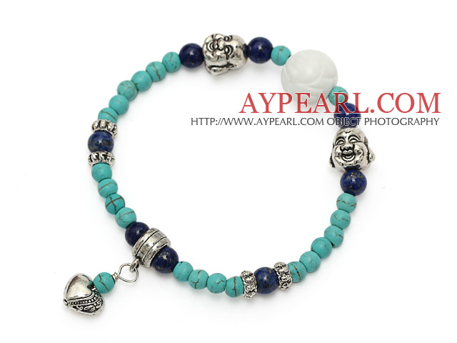 fashion round green turquoise lapis and tibet silver buddhu head heart charm bracelet