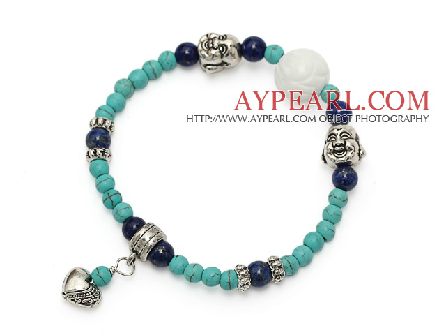 mode ronde vert turquoise lapis et argent tibet Buddhu bracelet de charme de coeur de tête