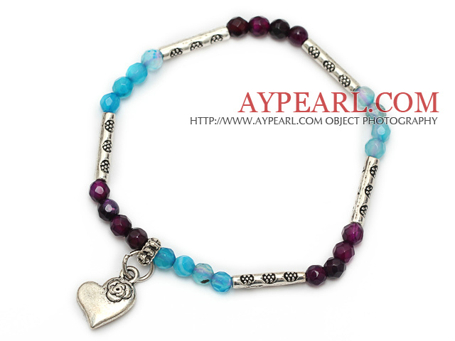 mode 4mm ronde à facettes violet et bleu agate et tibet bracelet à breloques en argent coeur