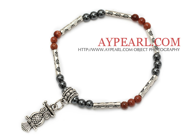fashion round goldstone and tungsten steel stone and tibet silver owl tube charm bracelet