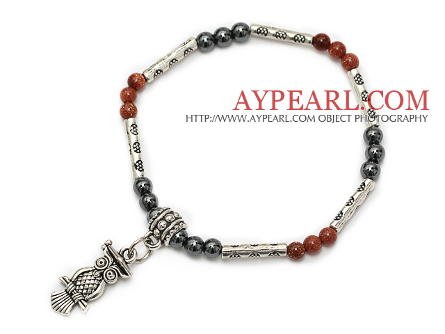 Mode runden goldstone und Wolfram Stahl Stein und Tibet Silber Eule Rohr Bettelarmband