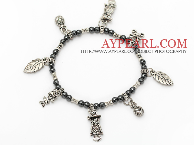 bien rond en acier tungstène et de feuilles sac chanceux bracelet de charme multiples tibet argent hibou