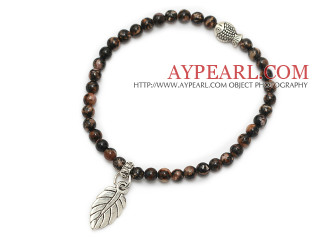 fashion 4mm round red jasper and tibet silver fish leaf charm beaded bracelet