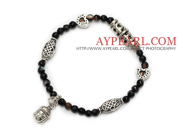 schöne Facetten runden schwarzen Achat und Tibet-Silber Buddhu Kopf Herz Charme Armband