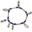 round faceted blue jade and tibet silver leaf lucky bag and owl charm beads bracelet