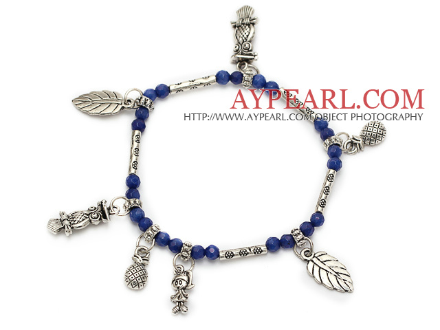 round faceted blue jade and tibet silver leaf lucky bag and owl charm beads bracelet