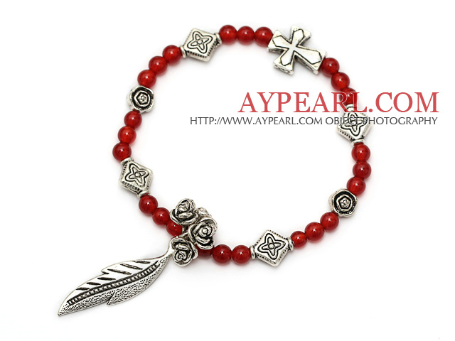 fashion A grade round natural red agate and multi tibet silver leaf flower cross charm bracelet