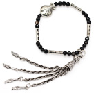 Nice Round Faceted Black Agate And Tibet Silver Fish Tube Charm Long Chain Tassel Bracelet
