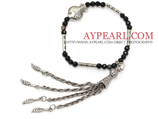 Nice Round Faceted Black Agate And Tibet Silver Fish Tube Charm Long Chain Tassel Bracelet