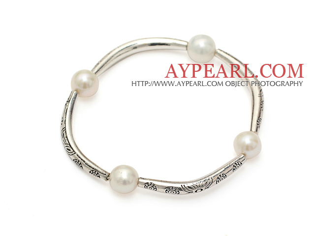 Classic A Grade Natural White Freshwater Pearl And Tibet Silver Tube Charm Bracelet