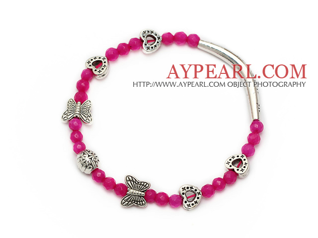 Härlig rosa facetterad rund rosa jade och Tibet Silver Tube fjäril Peach Heart Charm Bracelet