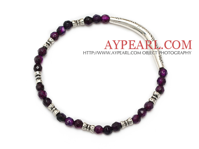 belle ronde à facettes violet agate et tibet charme de tube d'argent bracelet en perles