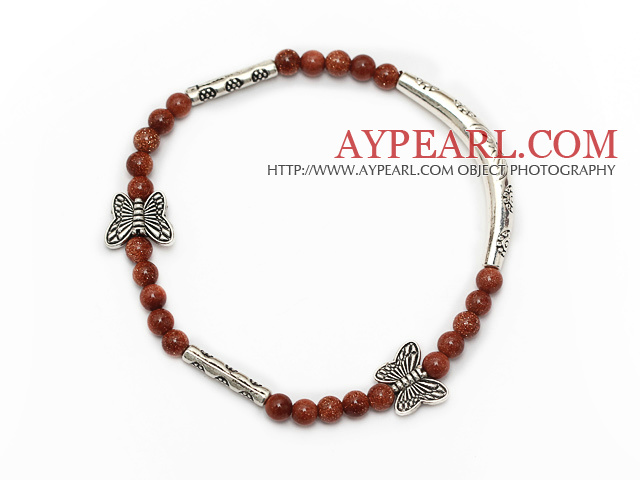 eleganta runda Goldstone och Tibet silver fjäril tube pärlor charm armband