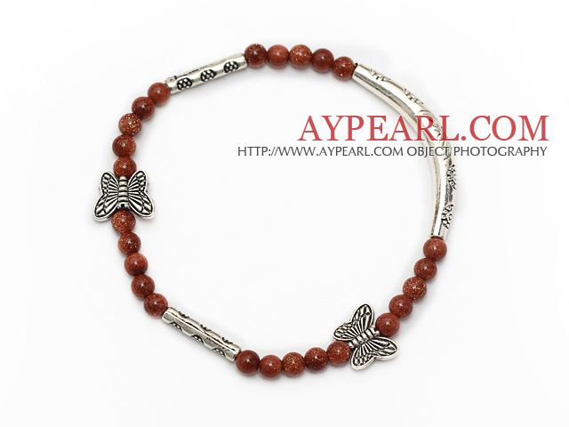 elegant runde Goldstone og tibet sølv sommerfugl tube sjarm perler armbånd